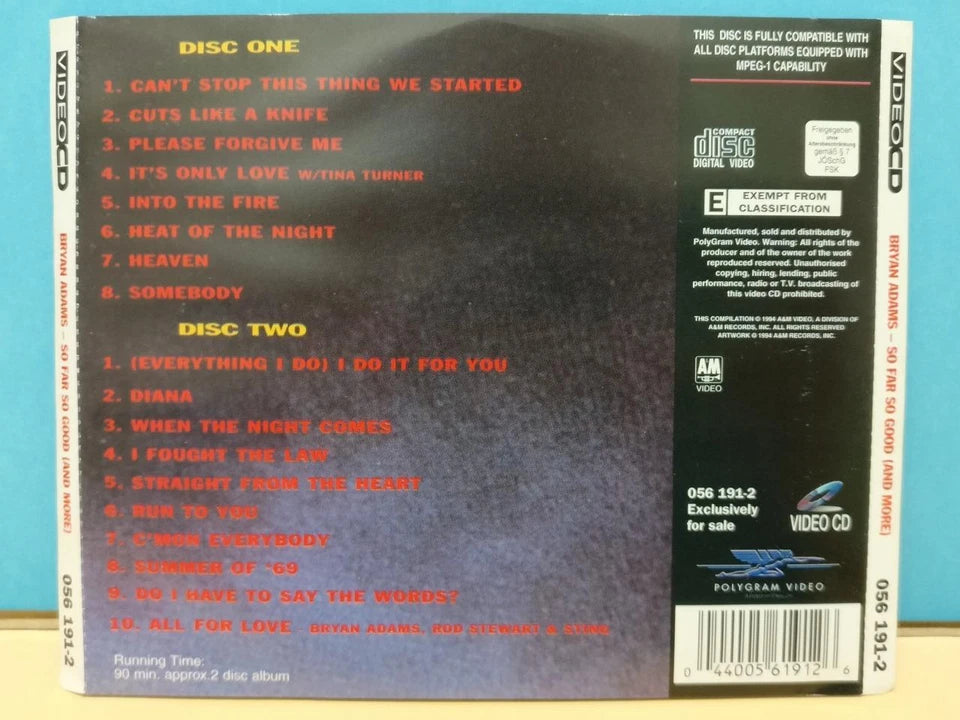 CH888 Bryan Adams So Far So Good Gold Singapore Censor Stickers Video CD English VCD x2 ZN317