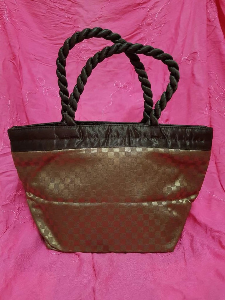 CH888 Thailand NaRaYa Ladies Brown Silky Checkered Satin Zipped Tote Handbag (G026)