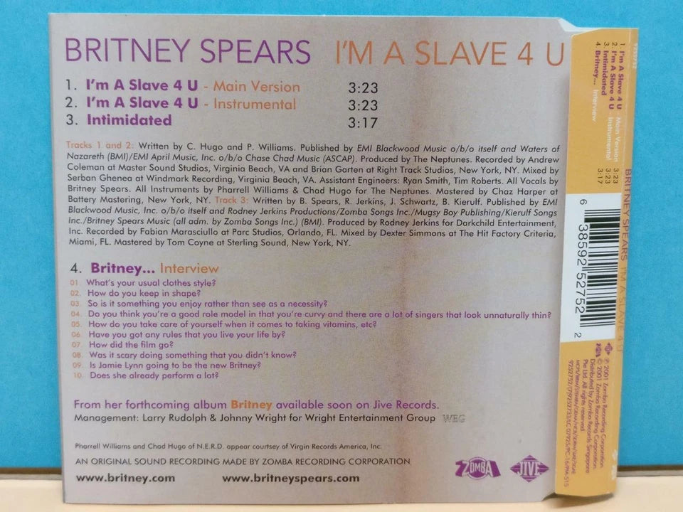 CH888 Britney Spears Singles I'm A Slave For You 2001 Rare Singapore English CD ZN252