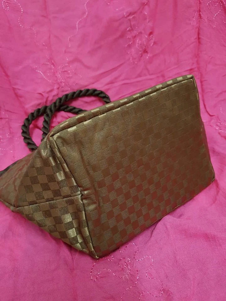 CH888 Thailand NaRaYa Ladies Brown Silky Checkered Satin Zipped Tote Handbag (G026)