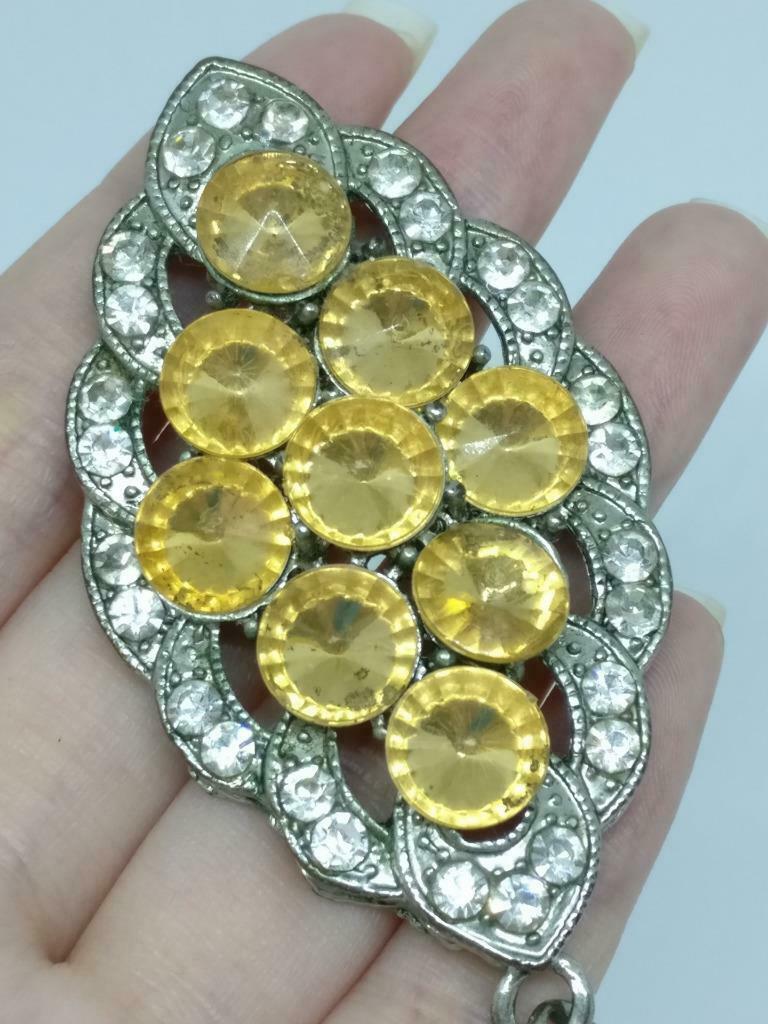 CJ888 Vintage Diamante Yellow Rhinestone Bling Silver Tone Pendant F/S (J865)