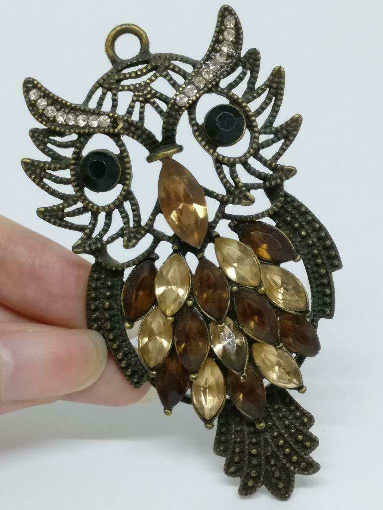 Rare Vintage Victorian Big Owl Rhinestone Bead Bronze Tone Pendant F/S (J903)