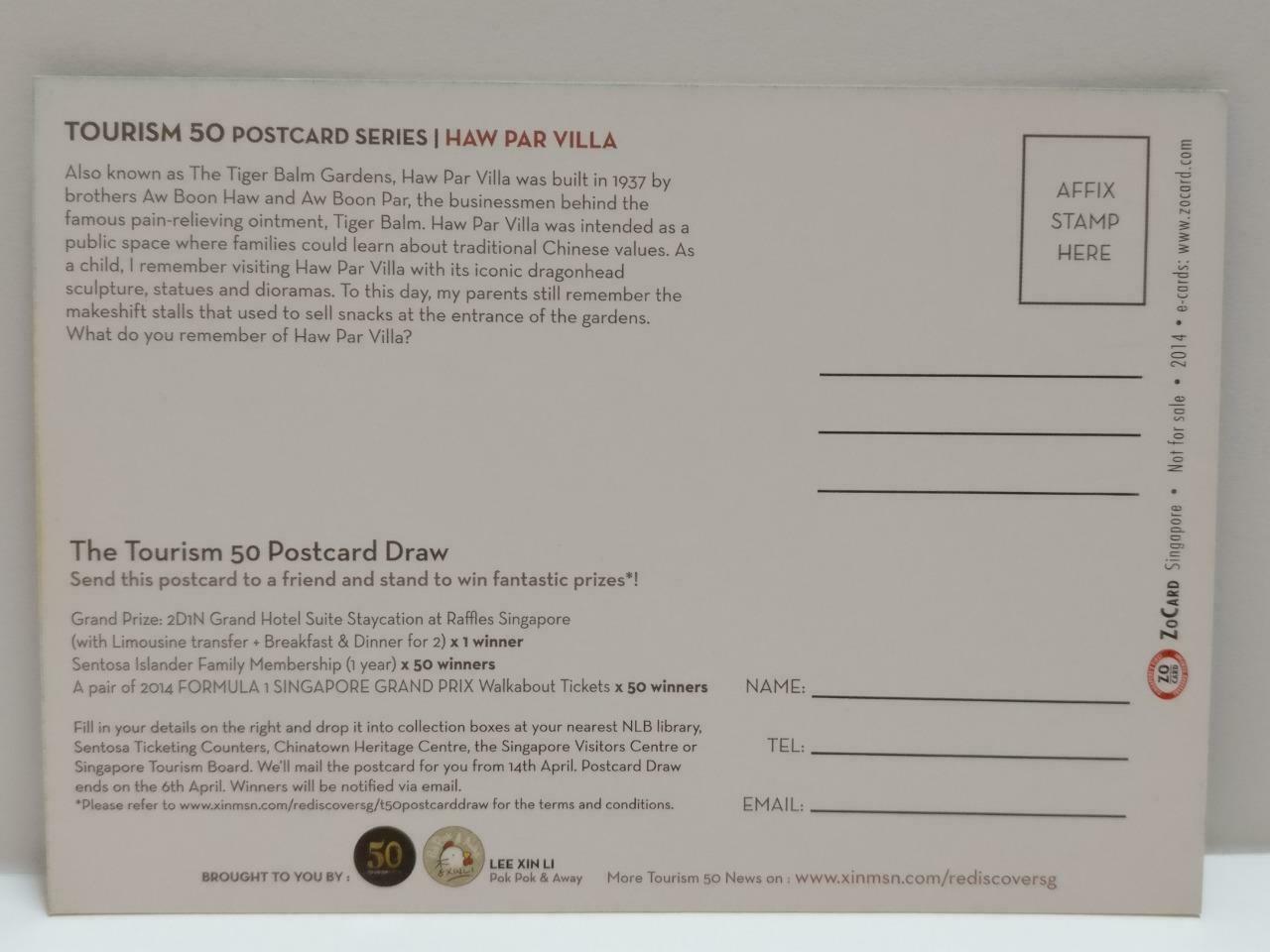 LUCKYPIGEON888 Singapore Haw Par Villa Dragon Tourism 2014 Ad Postcard (E0410a)