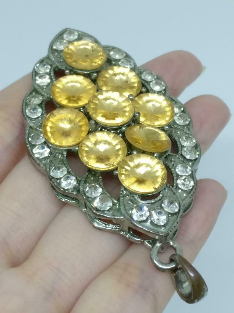 CJ888 Vintage Diamante Yellow Rhinestone Bling Silver Tone Pendant F/S (J865)