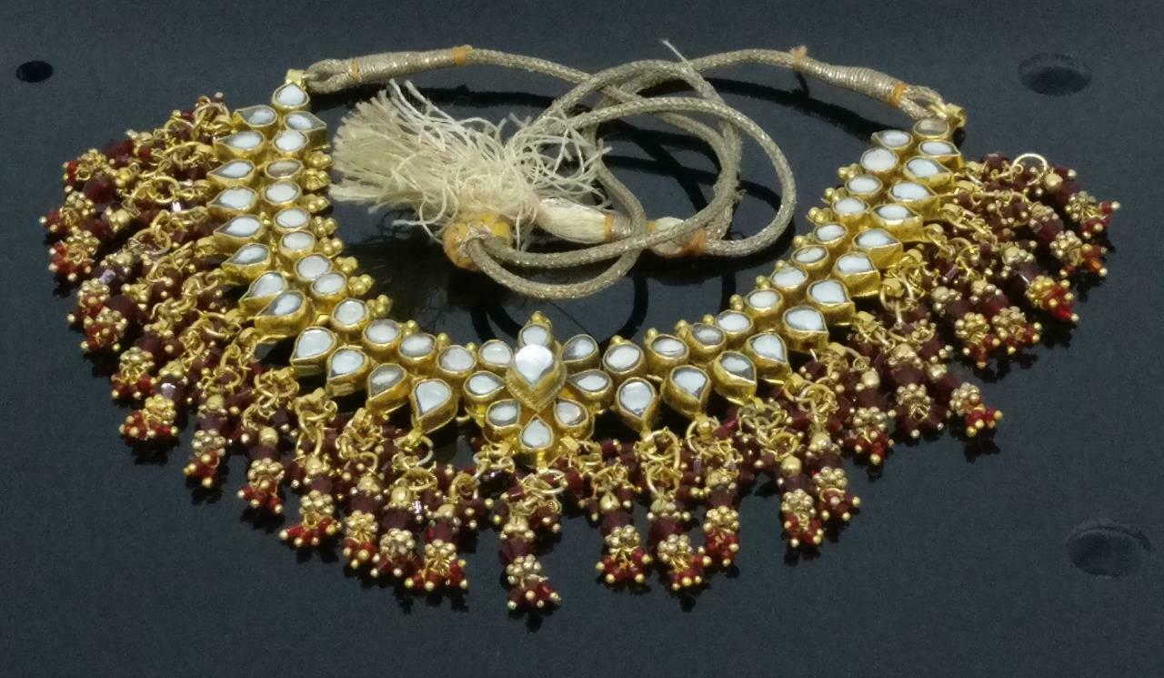 CJ888 Vintage Red Rhinestones Bead Gold Tone Retro Art Estate Necklace F/S J616