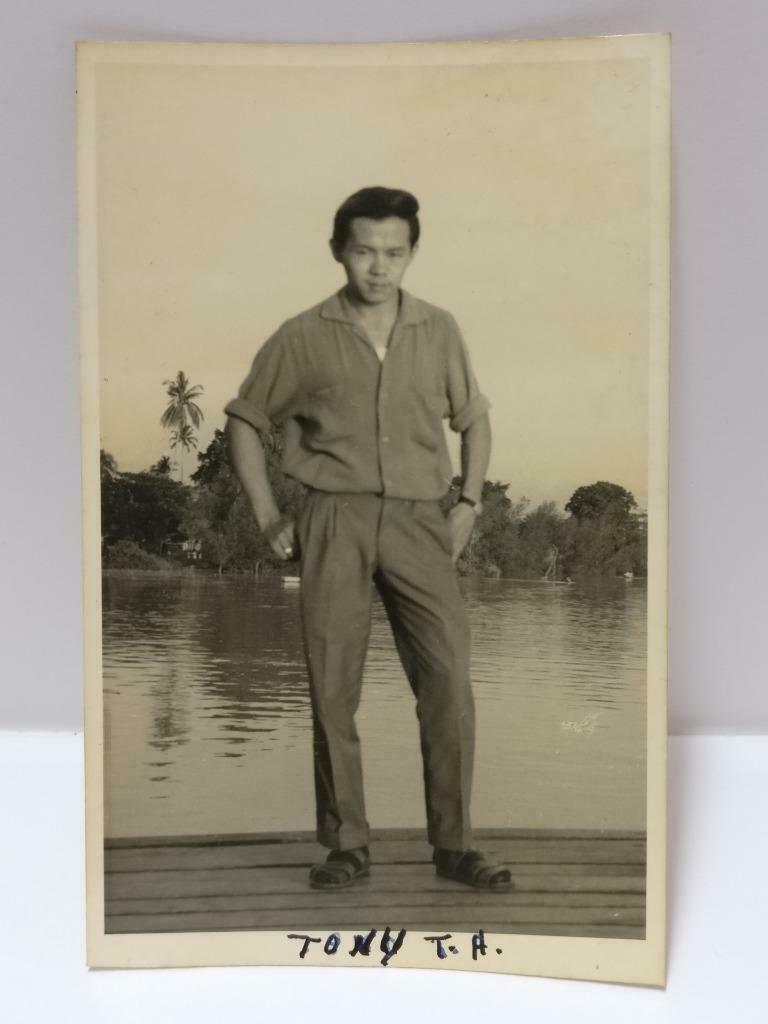 1960s Chinese Man Posing Beside The Sea Outdoor Retro Portrait B&W Photo (P522)