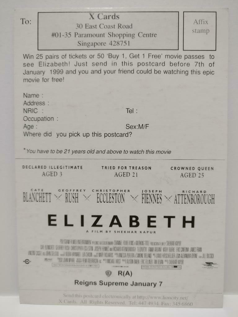 LUCKYPIGEON888 Movie Elizabeth Cate Blanchett Singapore Ad Postcard (E0367)