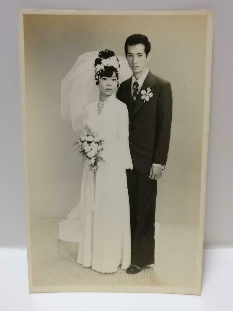 Vtg Asian Chinese Wedding Couple Bride & Groom Hair Styles Studio B&W Photo P451