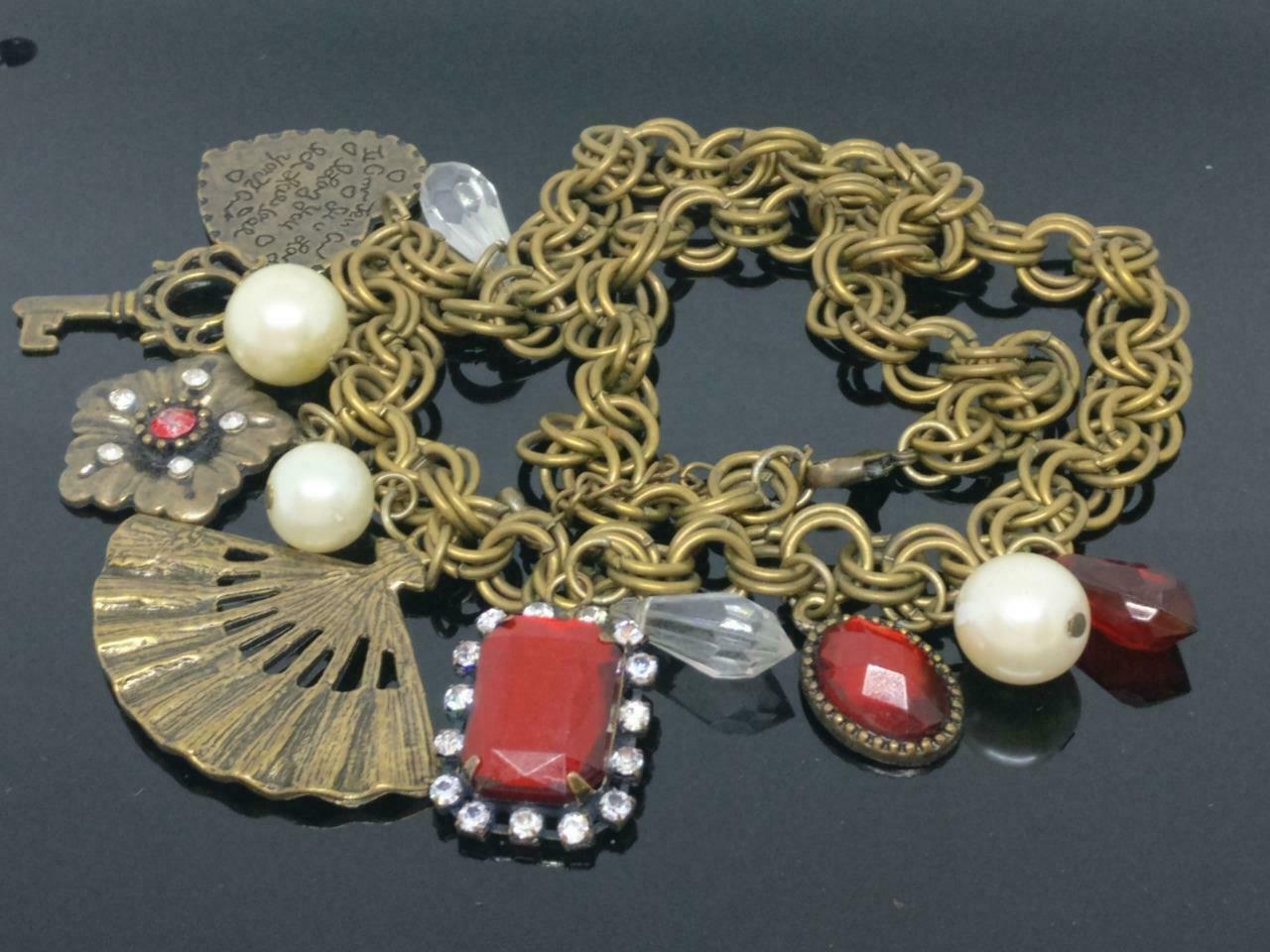 CJ888 Vintage Beautiful Key Faux Pearl Fan Art Bronze Estate Necklace F/S (J532)