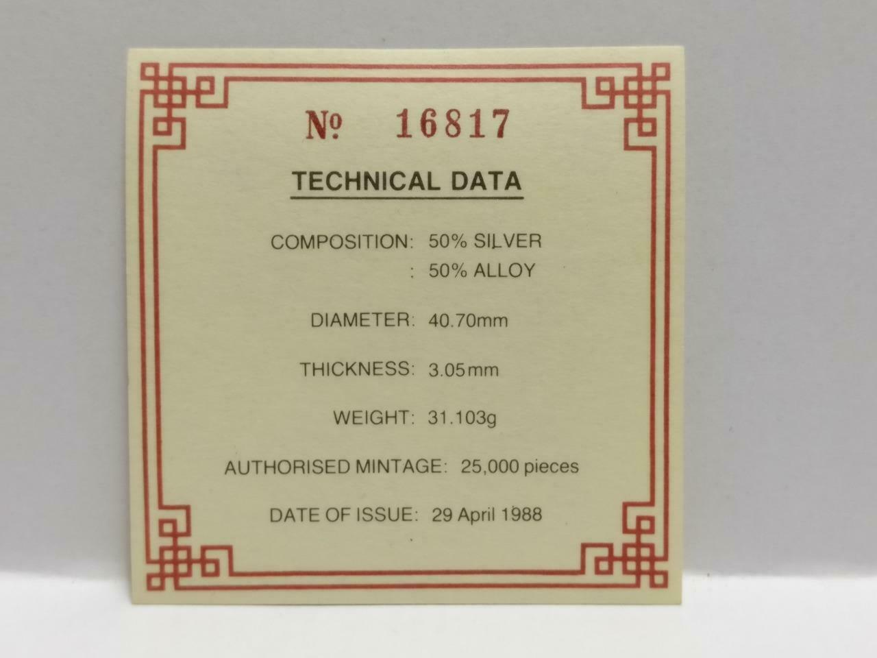 Singapore $10 Dragon 1988 Proof Silver Coin With Box & Cert (C043b)