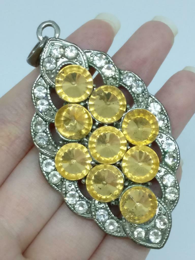 CJ888 Vintage Diamante Yellow Rhinestone Bling Silver Tone Pendant F/S (J865)