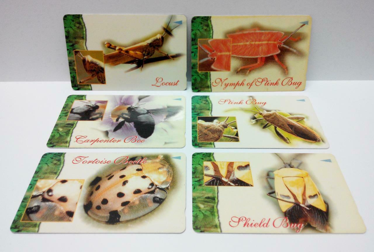 Used Vintage Singapore Phone Cards x6 Insects Locust Beatles Bugs Bee (A439)