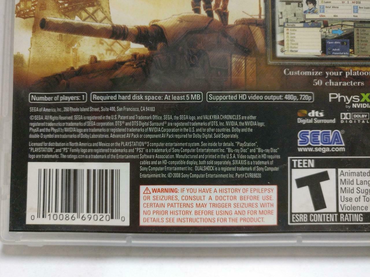 Sony PlayStation 3 PS3 Valkyria Chronicles 2008 USA Game Disc w/ Booklet (GA383)