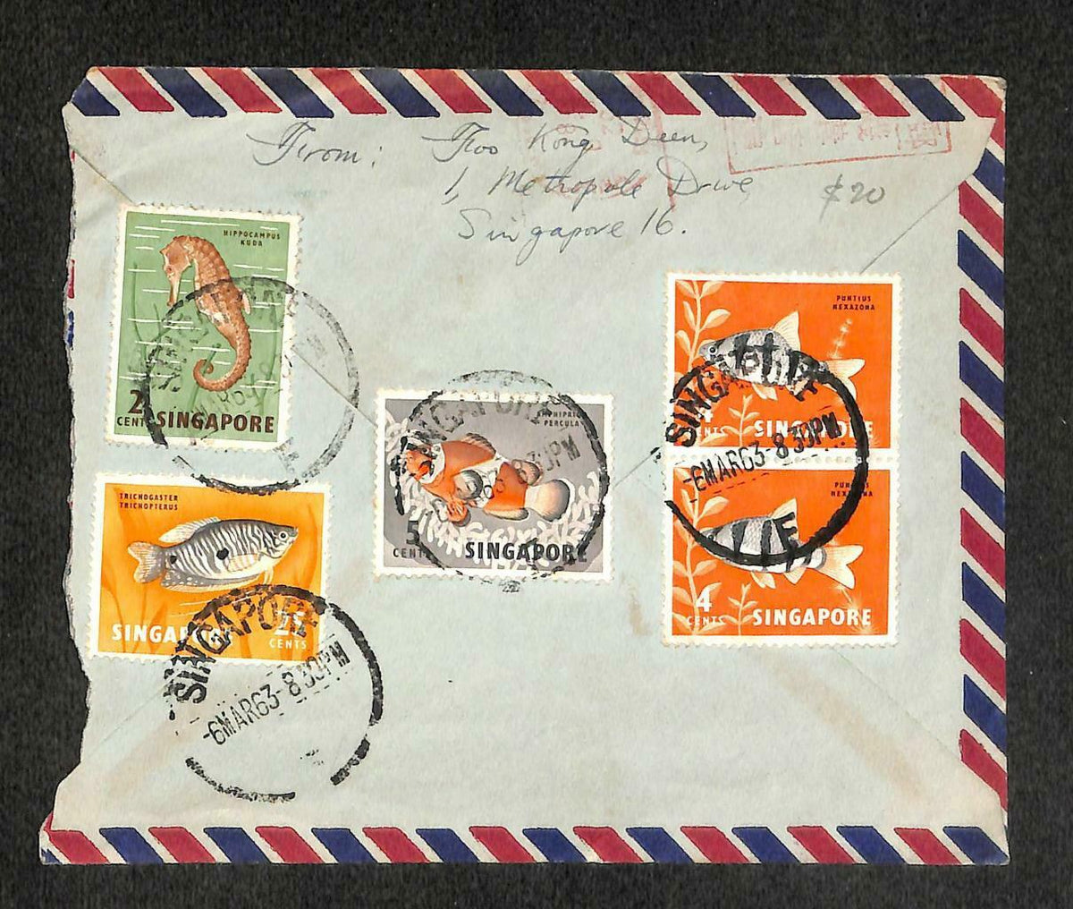 1963 Singapore To Taiwan Total 40 Cents Fish Stamp Chop Mail Rare Cover (C1411)