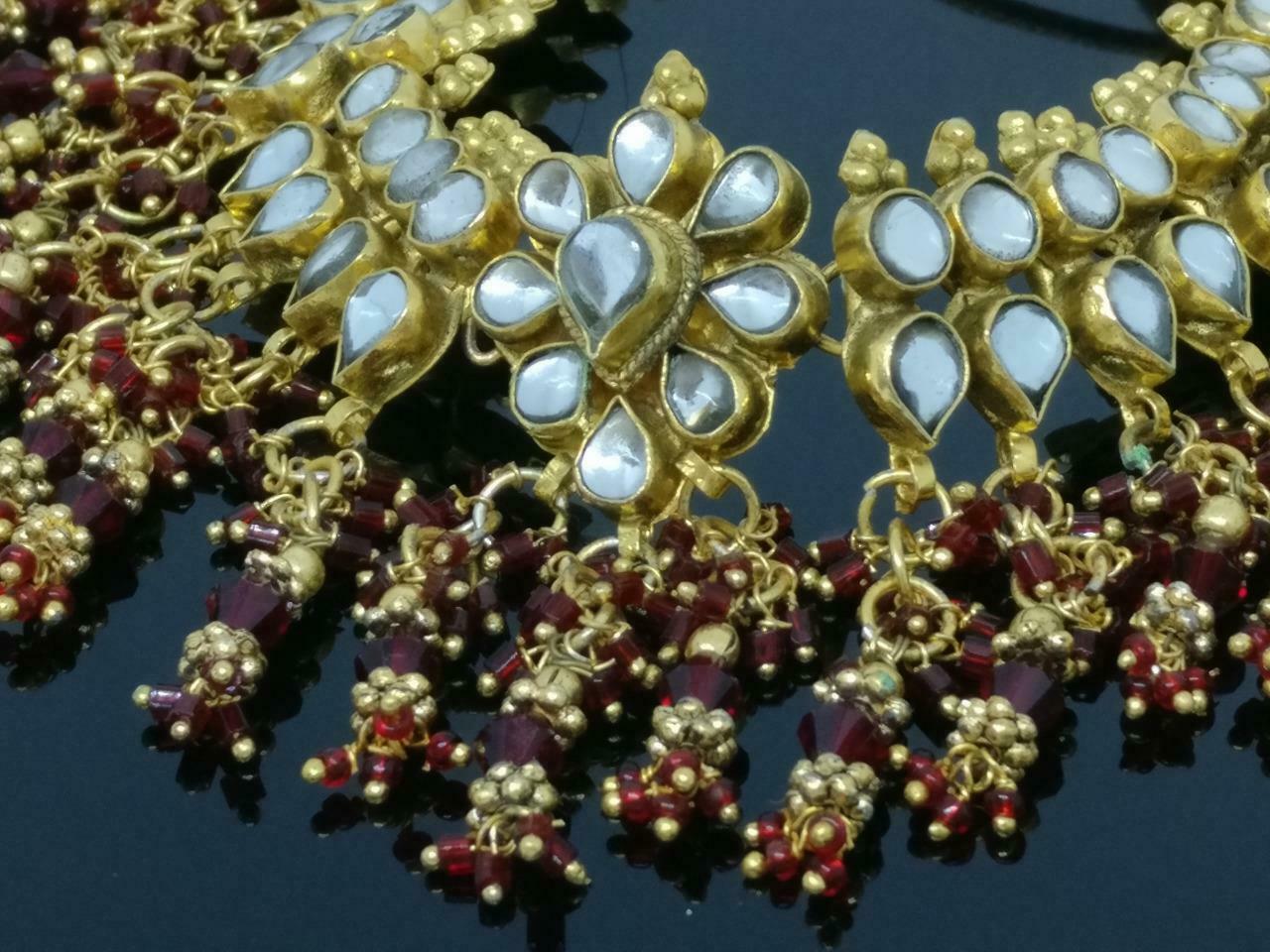 CJ888 Vintage Red Rhinestones Bead Gold Tone Retro Art Estate Necklace F/S J616
