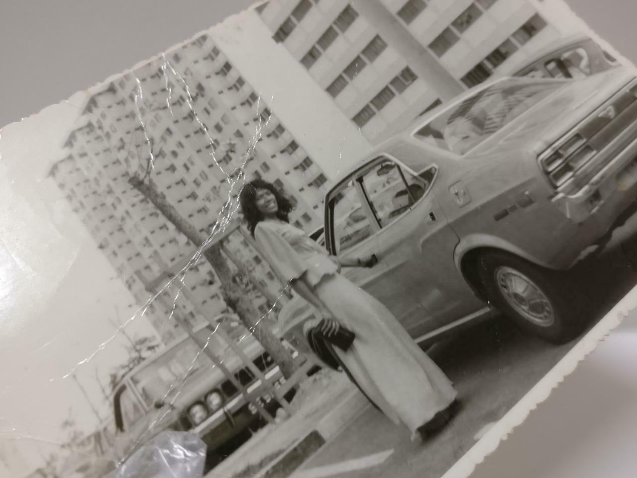 Vintage Asian Malay Lady Posing Beside Retro Datsun Car Buildings B&W Photo P384