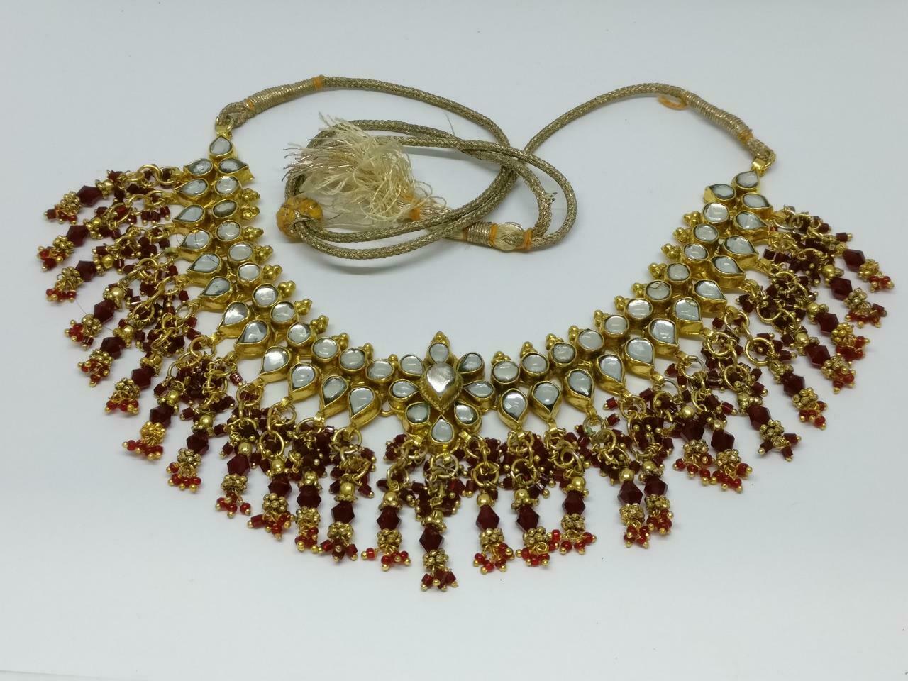 CJ888 Vintage Red Rhinestones Bead Gold Tone Retro Art Estate Necklace F/S J616