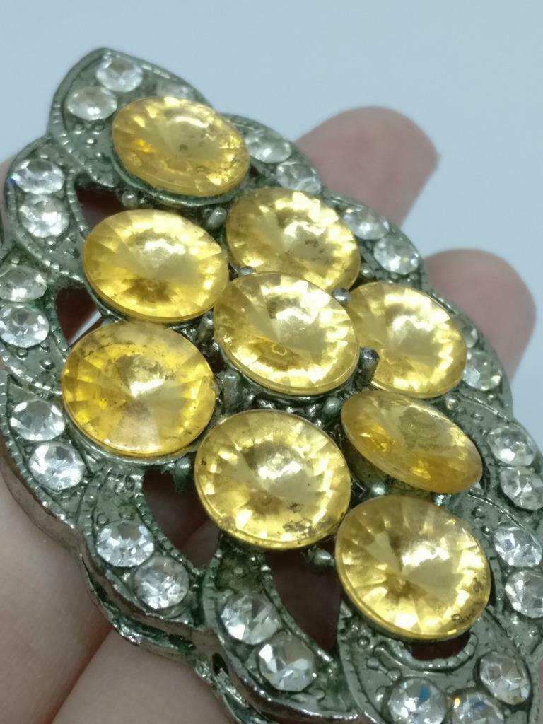 CJ888 Vintage Diamante Yellow Rhinestone Bling Silver Tone Pendant F/S (J865)