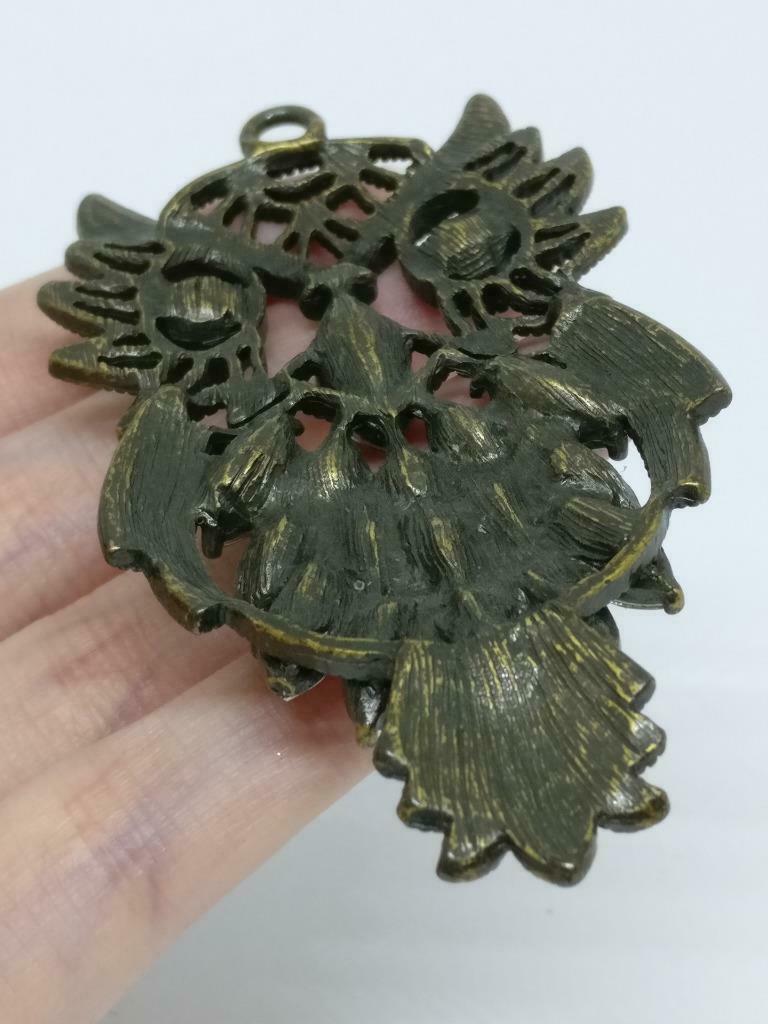 Rare Vintage Victorian Big Owl Rhinestone Bead Bronze Tone Pendant F/S (J903)