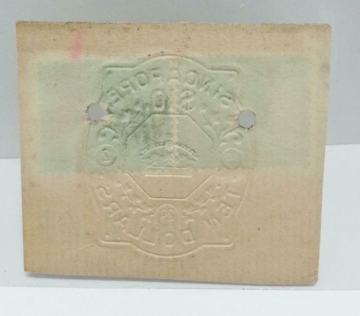 Vintage Singapore Straits Settlement Document Postage Stamp $10 Revenue (AC223)