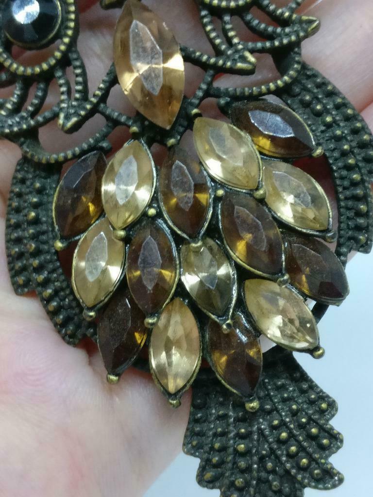 Rare Vintage Victorian Big Owl Rhinestone Bead Bronze Tone Pendant F/S (J903)