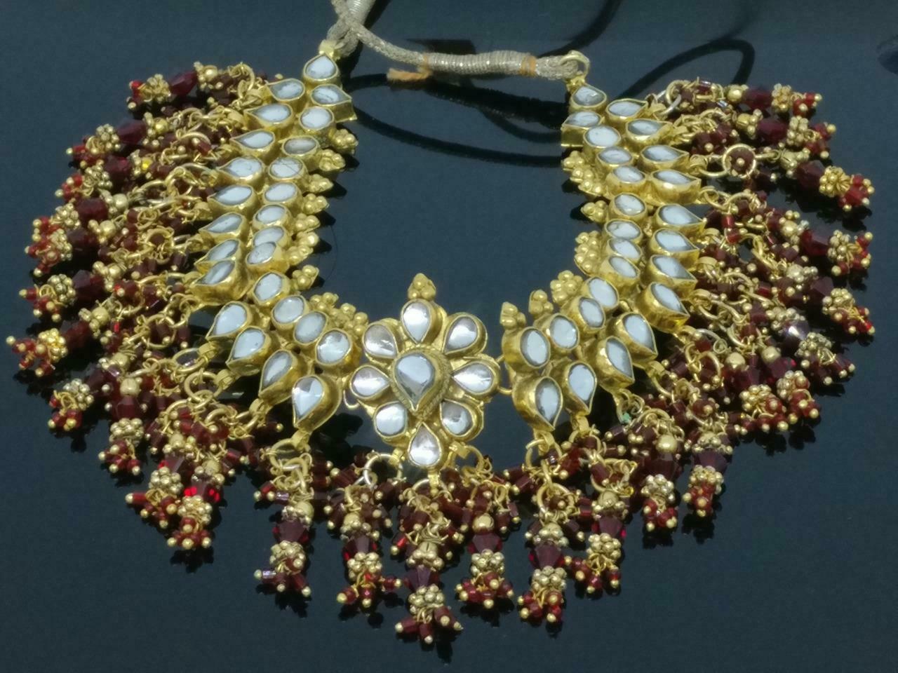 CJ888 Vintage Red Rhinestones Bead Gold Tone Retro Art Estate Necklace F/S J616