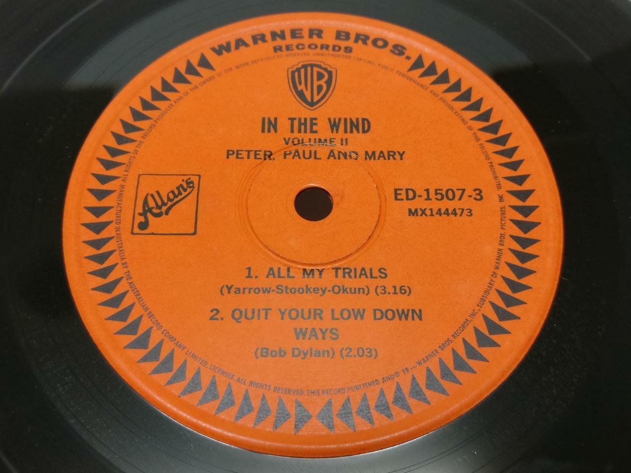 Peter Paul & Mary In The Wind 1963 Australia WB Orange Label 7" EP EP090