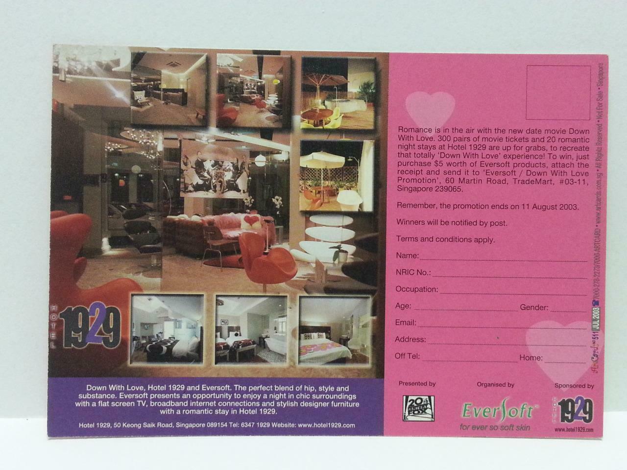 Down With Love 2003 Renee Zellweger Movie Poster On Singapore Postcard (AC030)