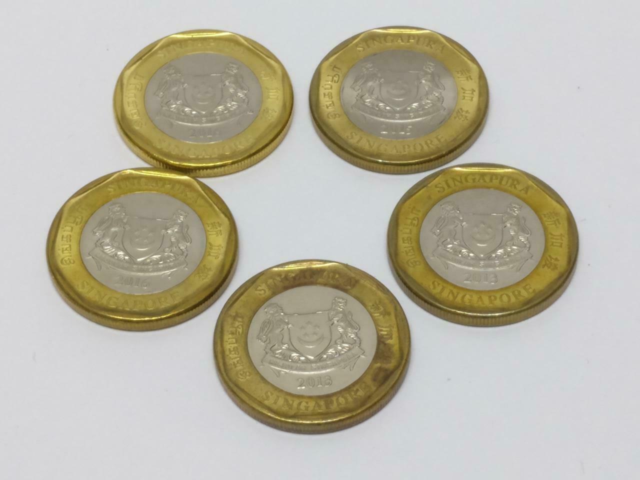 Vintage Singapore One Dollar $1 Coins Bimetal Coins x5 (A1855)