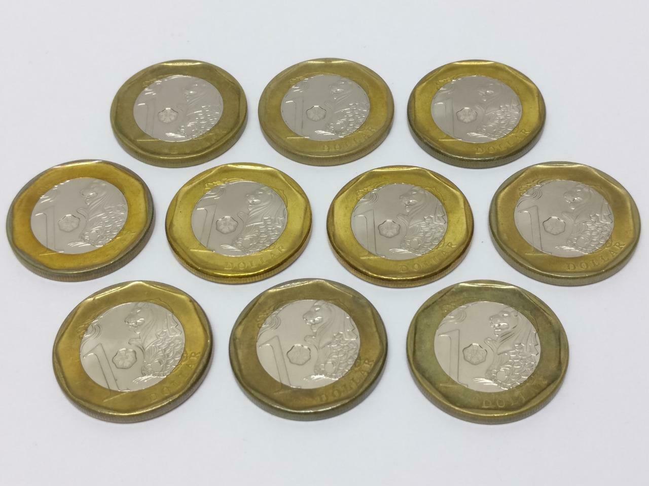 Vintage Singapore One Dollar $1 Coins Bimetal Coins x10 (A1856)