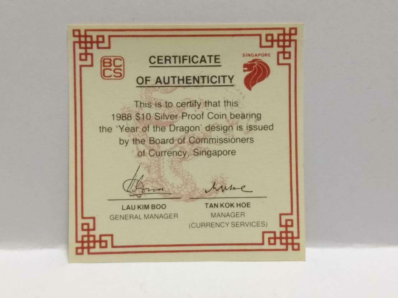 Singapore $10 Dragon 1988 Proof Silver Coin With Box & Cert (C043b)