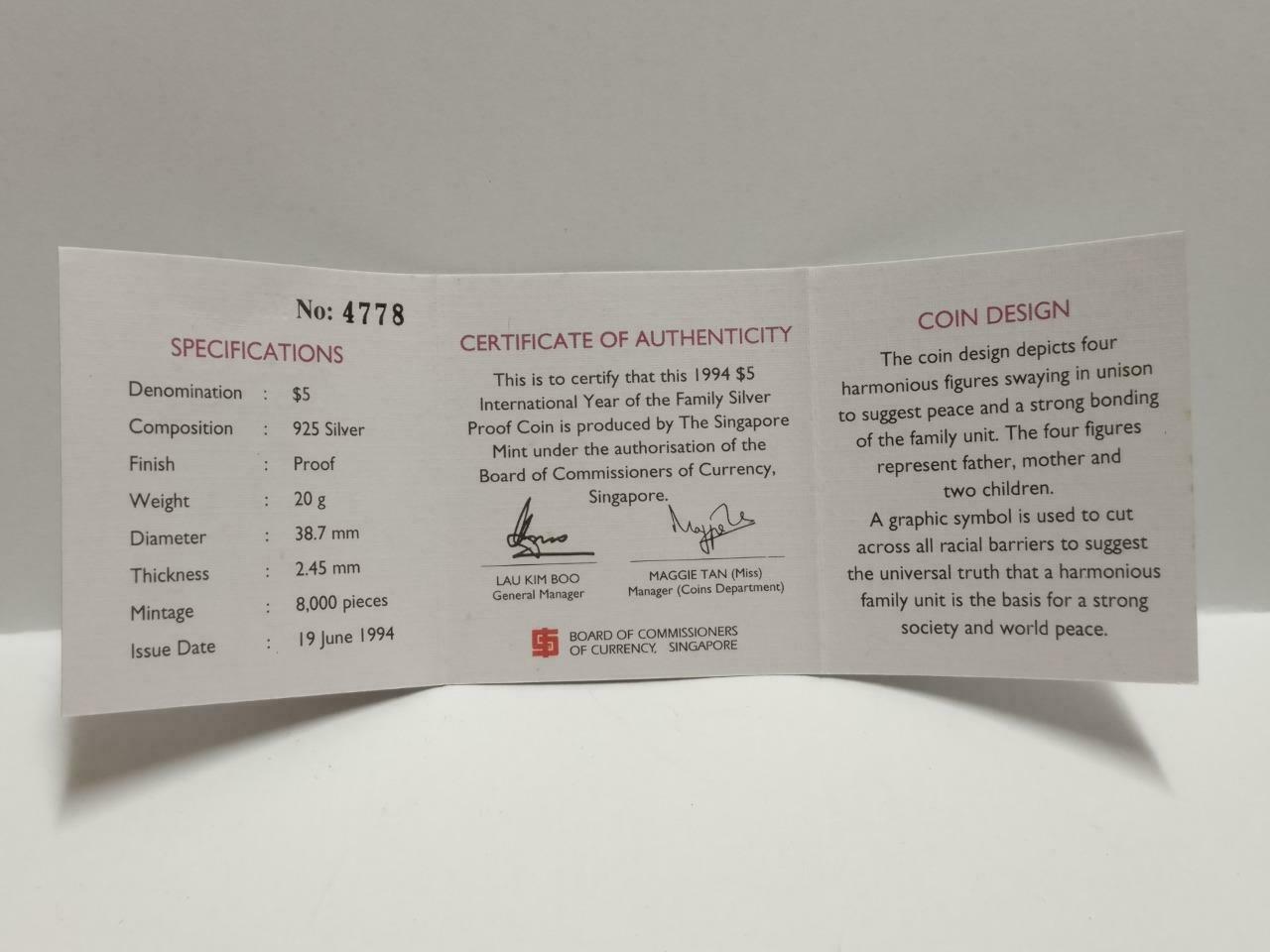 Singapore $5 Year Of The Family 1994 Proof Silver Coin With Box & Cert (C045b)