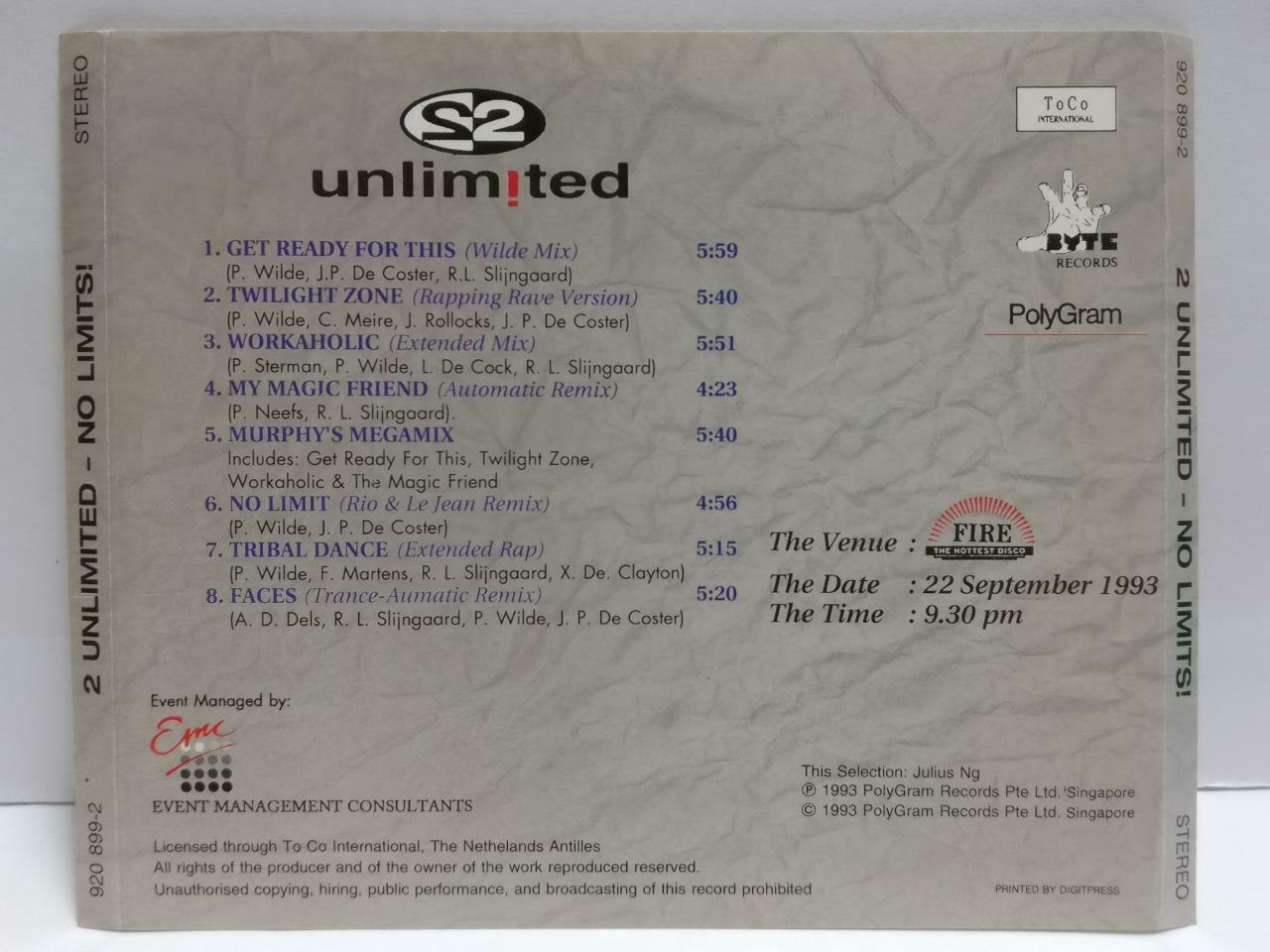 2 Unlimited No Limits Tour Commemorative 1993 Rare Mega Singapore CD (CDS285)