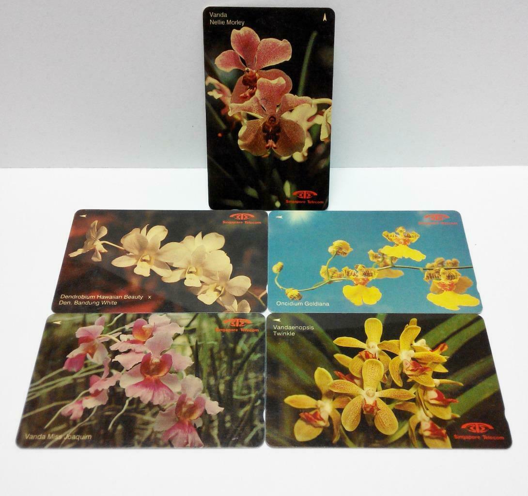 Used Vintage Singapore Phone Cards x5 Beautiful Flowers Orchid Series (A415)