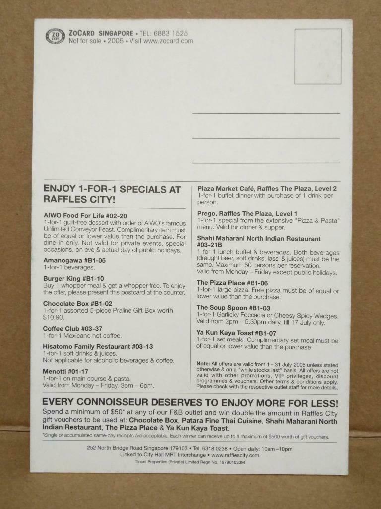 LUCKYPIGEON Raffles City Food Festival July 2005 Singapore Postcard (C2056)
