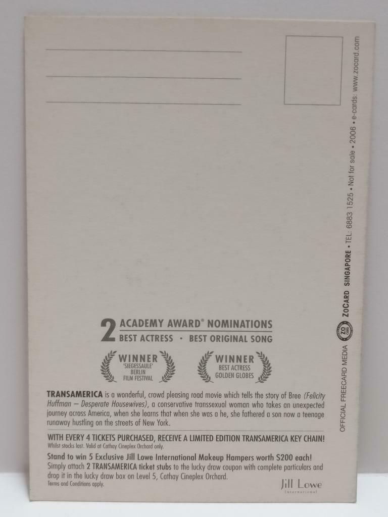 LUCKYPIGEON888 Movie Transamerica Comedy 2006 Singapore Postcard (E0344)