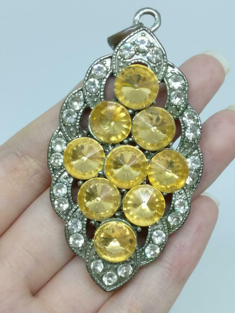 CJ888 Vintage Diamante Yellow Rhinestone Bling Silver Tone Pendant F/S (J865)