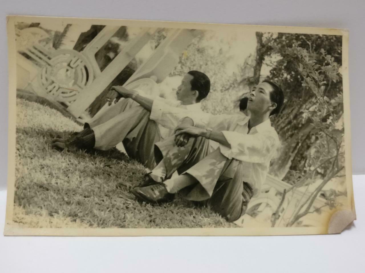 Vintage Asian Chinese Two Men Friends Relaxing on Grass Portrait B&W Photo P271