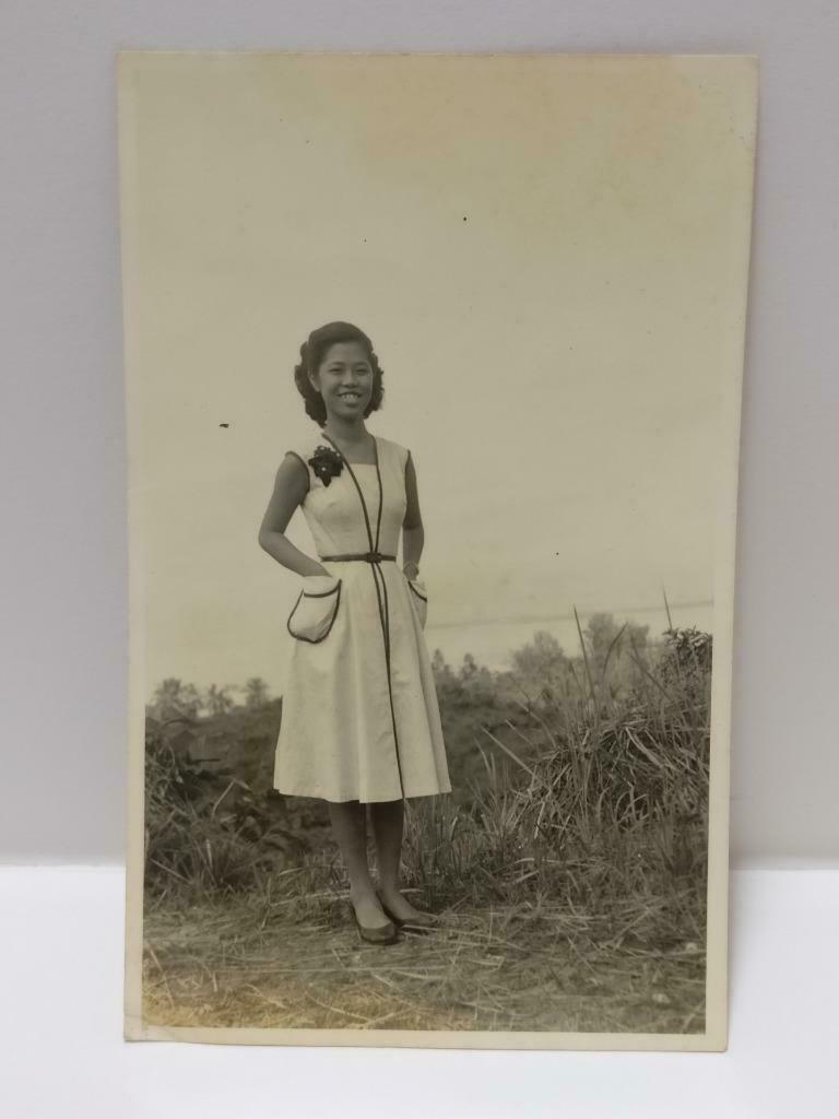 1960 Vtg Asian Chinese Beautiful Lady Dress Outdoor Grass Scenery B&W Photo P417