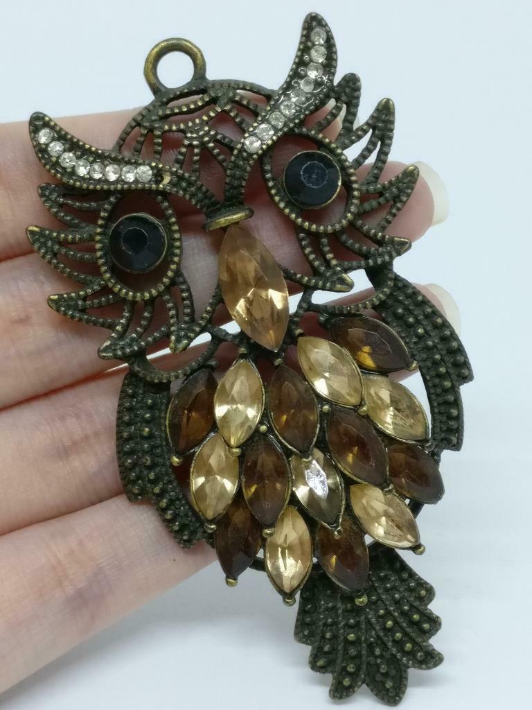 Rare Vintage Victorian Big Owl Rhinestone Bead Bronze Tone Pendant F/S (J903)