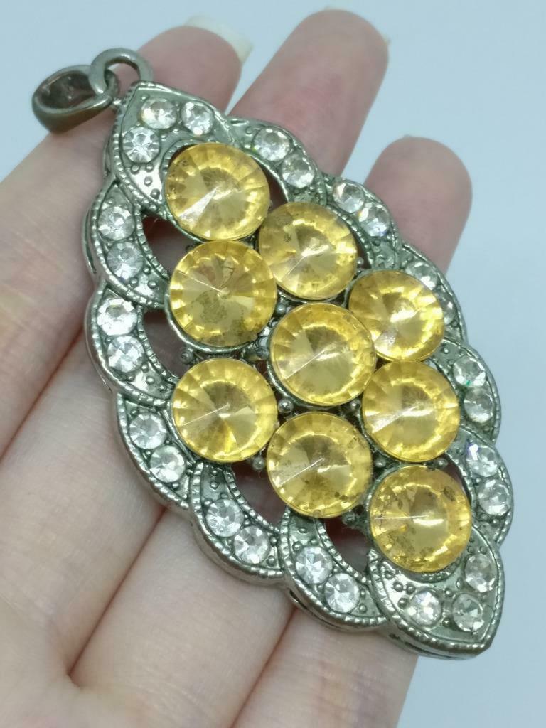 CJ888 Vintage Diamante Yellow Rhinestone Bling Silver Tone Pendant F/S (J865)