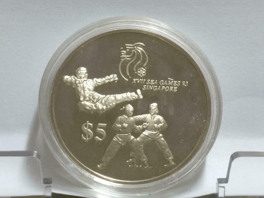 Singapore $5 Olympic SEA Games 1993 Proof Silver Coin With Box & Cert (C040b)