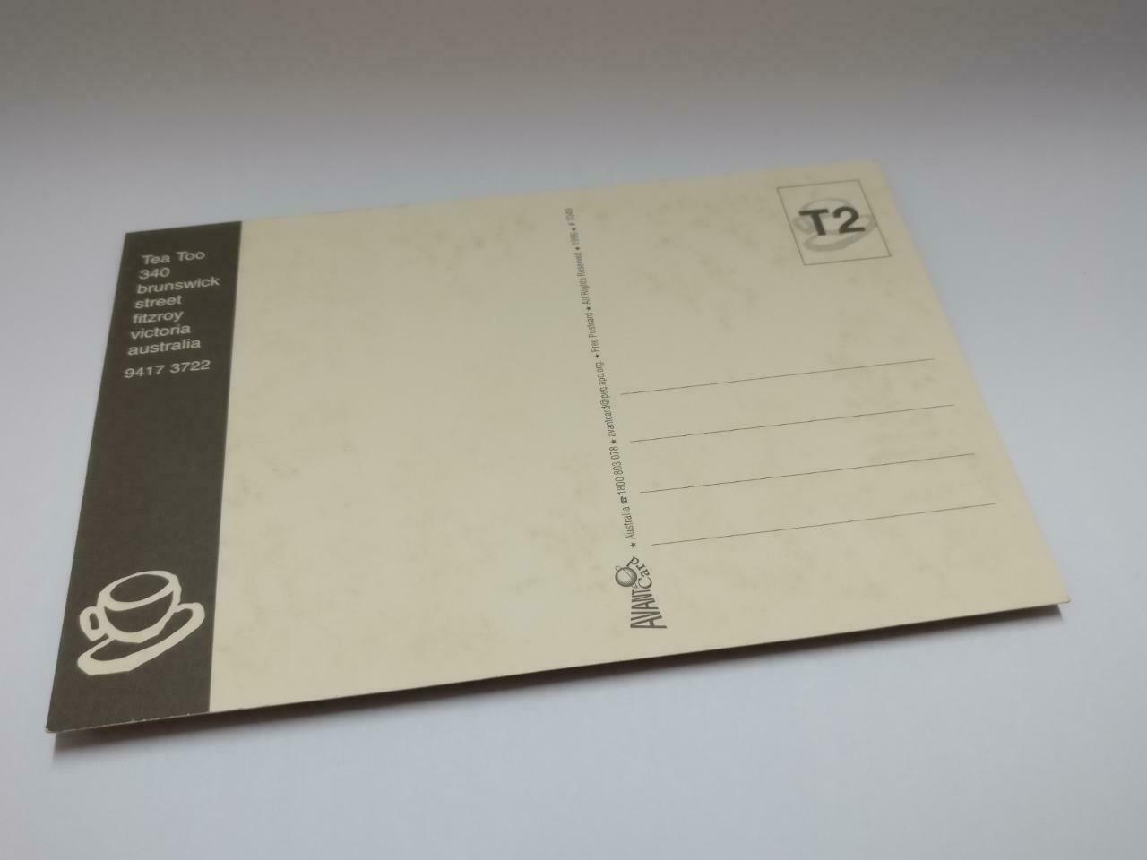 LUCKYPIGEON888 T2 Tea Too Green Coffee Cup Doodle Australia Postcard (E0008)