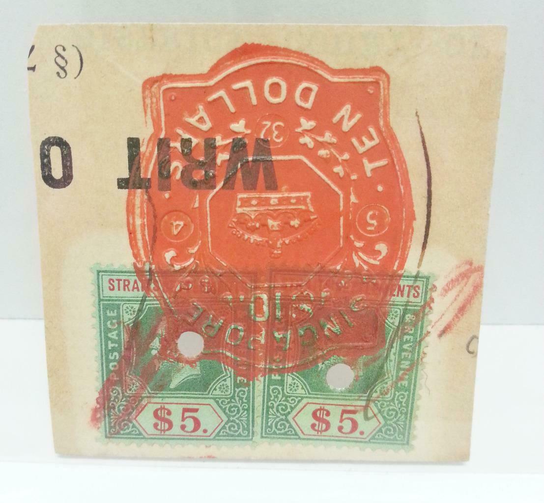 Vintage Singapore Straits Settlement Document Postage Stamp $10 Revenue (AC226)