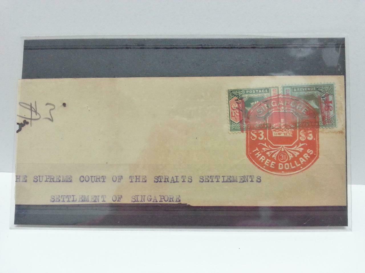 Vintage Singapore Straits Settlement Document Postage Stamp $3 Revenue (AC266)
