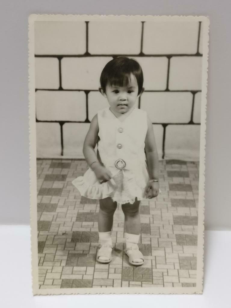 Vintage Chinese Girl Toddler In Cute Dress Studio Portrait B&W Photo (P527)