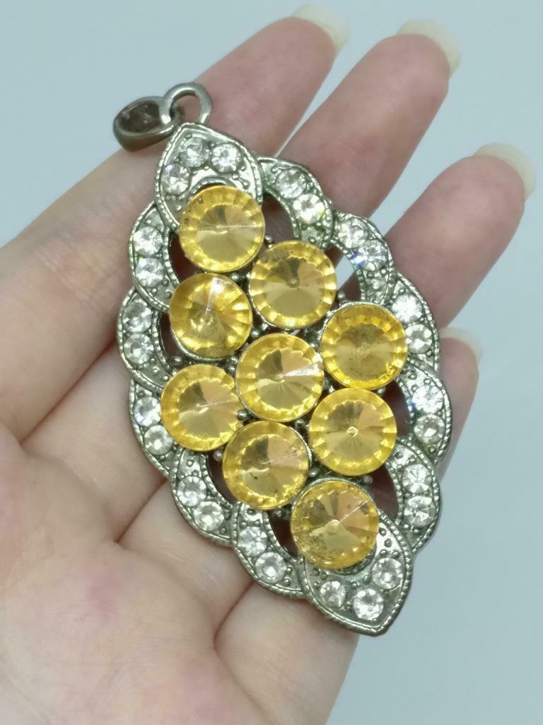 CJ888 Vintage Diamante Yellow Rhinestone Bling Silver Tone Pendant F/S (J865)