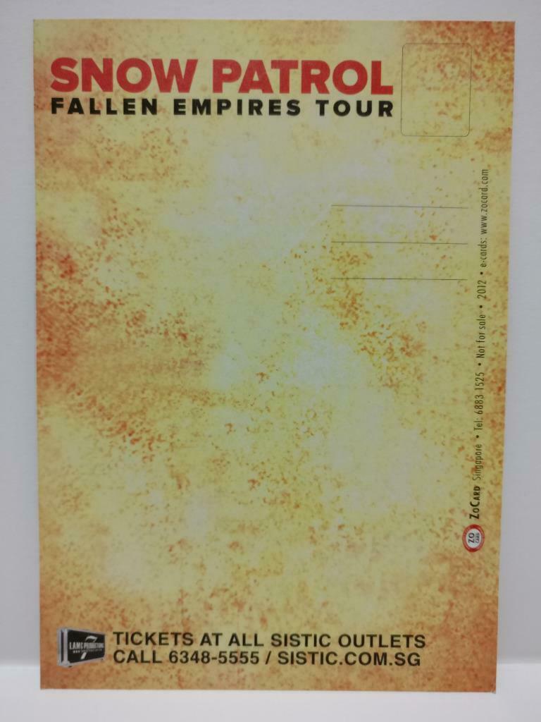 LUCKYPIGEON888 Snow Patrol Fallen Empires Tour 2012 Singapore Postcard (E0353)
