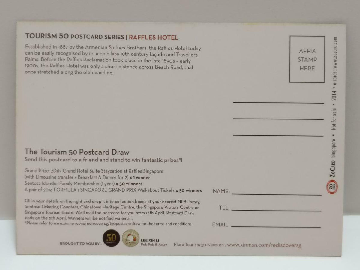 LUCKYPIGEON888 Singapore Raffles Hotel Tourism Building 2014 Ad Postcard (E0412)