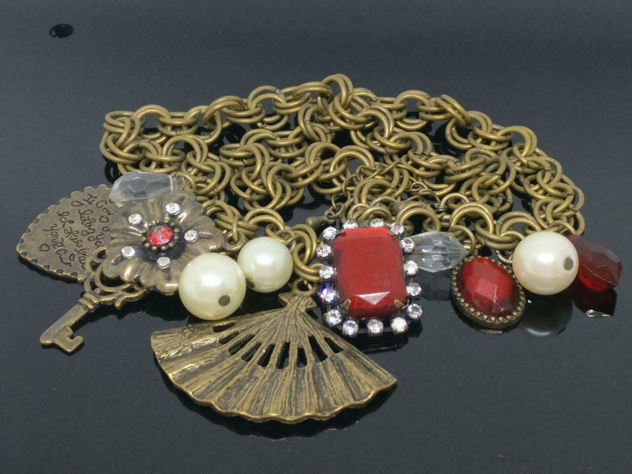 CJ888 Vintage Beautiful Key Faux Pearl Fan Art Bronze Estate Necklace F/S (J532)